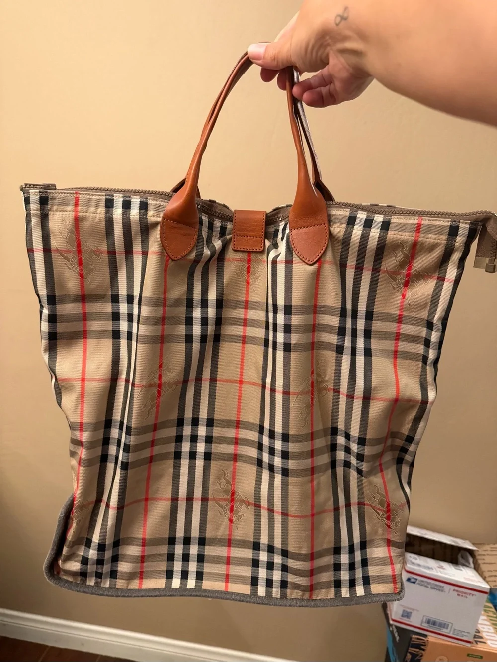Burberry Travel Foldable Tote Bag in Beige with Leather Trims